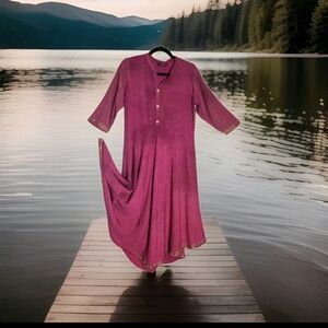 ASEAN Women's Rayon Printed Gold Trim Anarkali Kurta V- Hem Maxi Dress Size 42